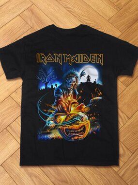 Iron Maiden Eddie Pumpkin Slasher Graphic Tee Y2K Horror Black T-Shirt